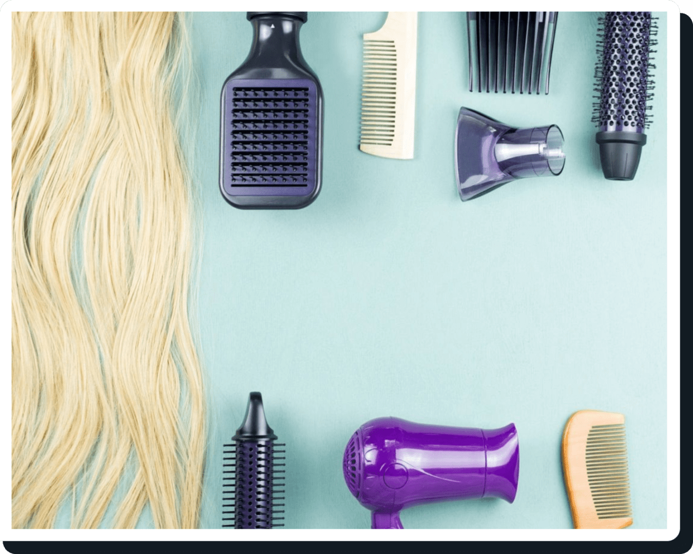 A blue table with hair products and combs.