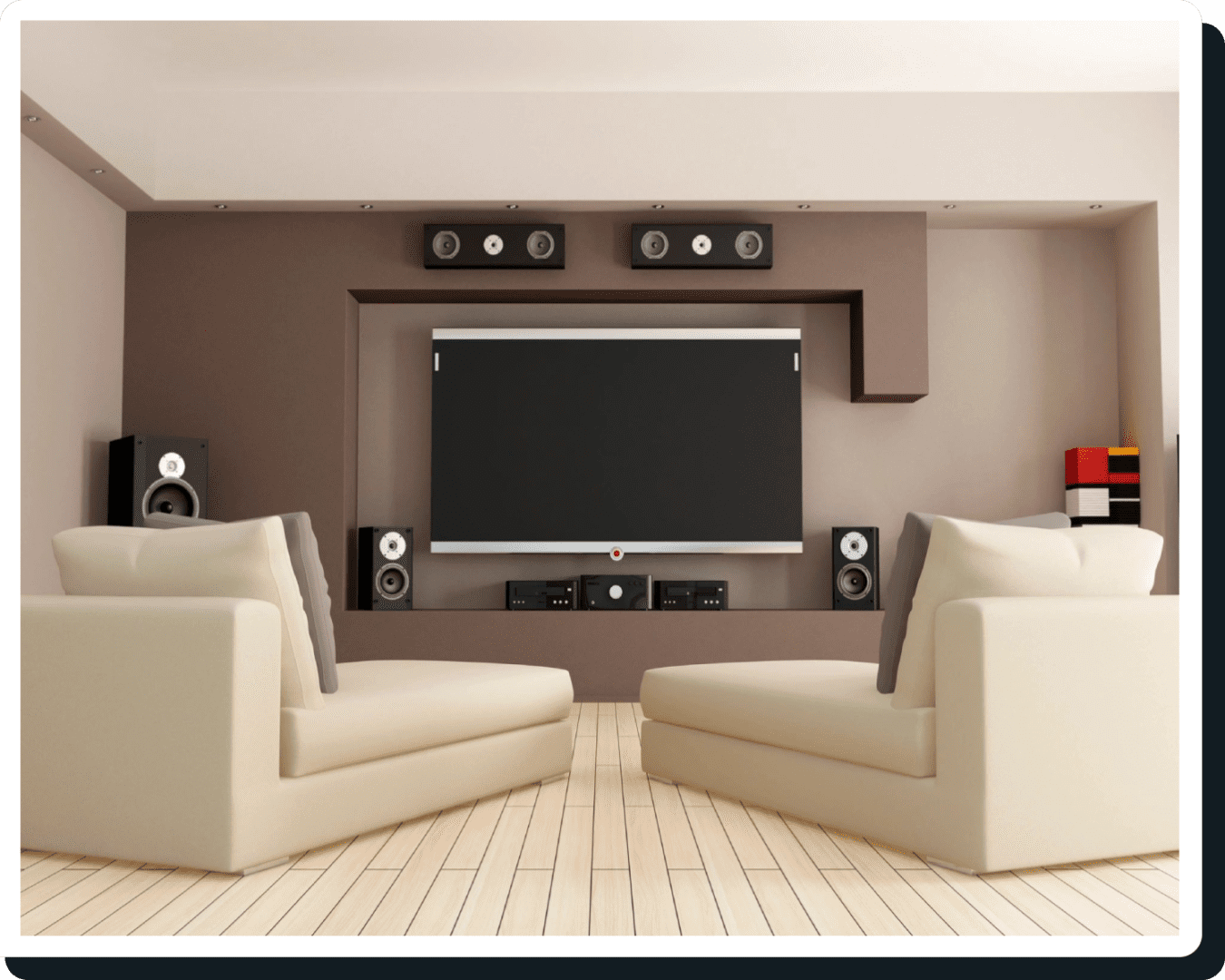 A living room with two white chairs and a television.