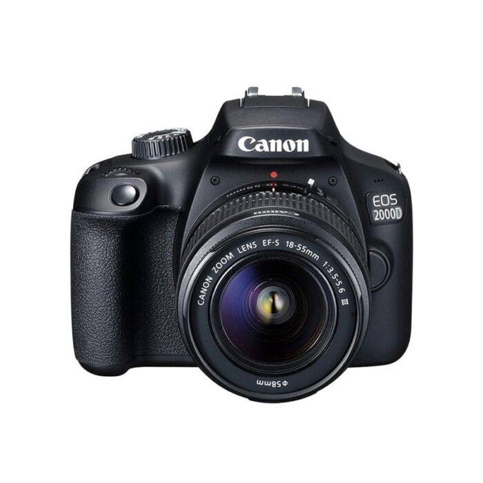 Canon EOS 2000D DSLR camera with 18-55mm zoom lens front view.