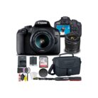 Canon EOS 2000D / Rebel T7 DSLR camera bundle with 18-55mm lens, camera bag, SD card, battery charger, filters, and accessories.