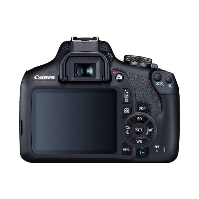 Canon EOS 2000D 2 Canon EOS 2000D DSLR camera with 18-55mm zoom lens rear view.