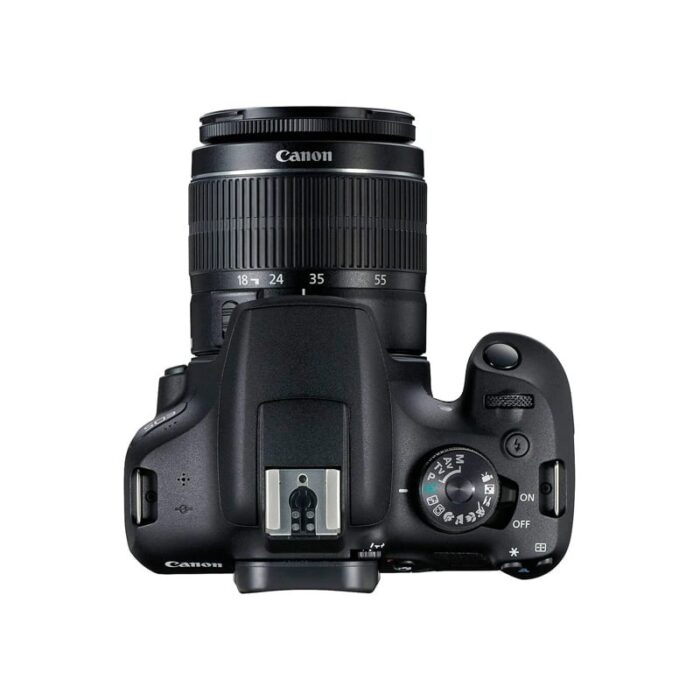 Canon EOS 2000D 3 Canon EOS 2000D DSLR camera with 18-55mm zoom lens top view.