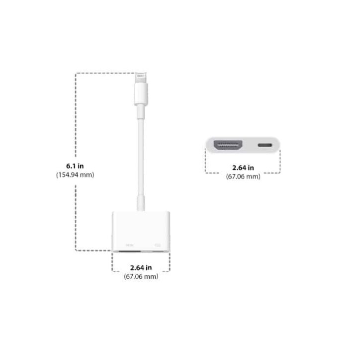 Digital AV 2 White digital AV adapter with Lightning connector and labeled dimensions showing cable length and adapter width.