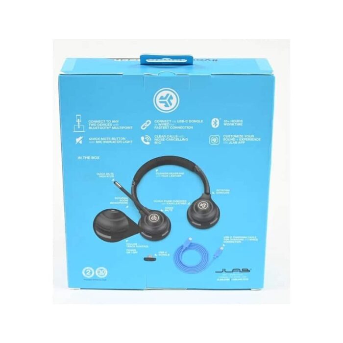 Back of JLab Go Work 2nd Gen wireless on-ear headset box showing features and included accessories.