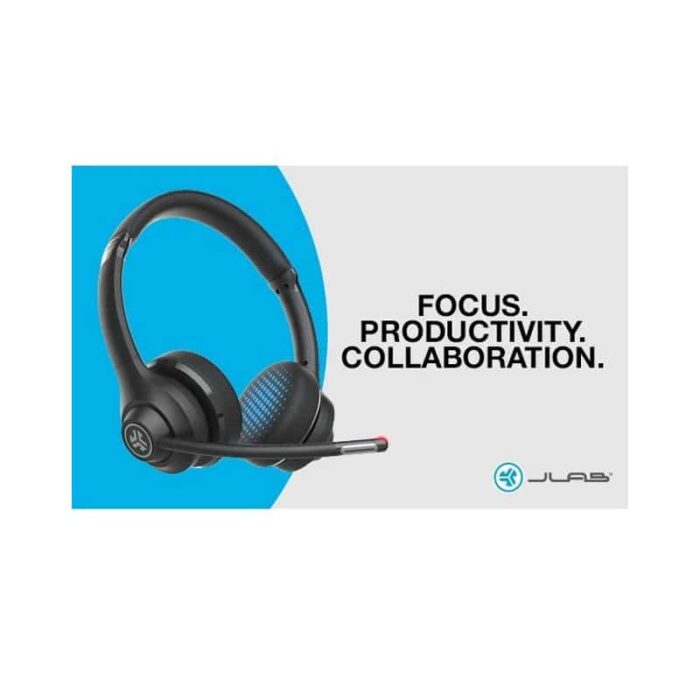 JLabs Headset 2 JLab Go Work wireless on-ear headset with boom microphone and “Focus. Productivity. Collaboration.” text on promotional banner.