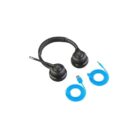 JLab Go Work wireless on-ear headset with boom microphone and included blue USB-C charging and 3.5mm audio cables.