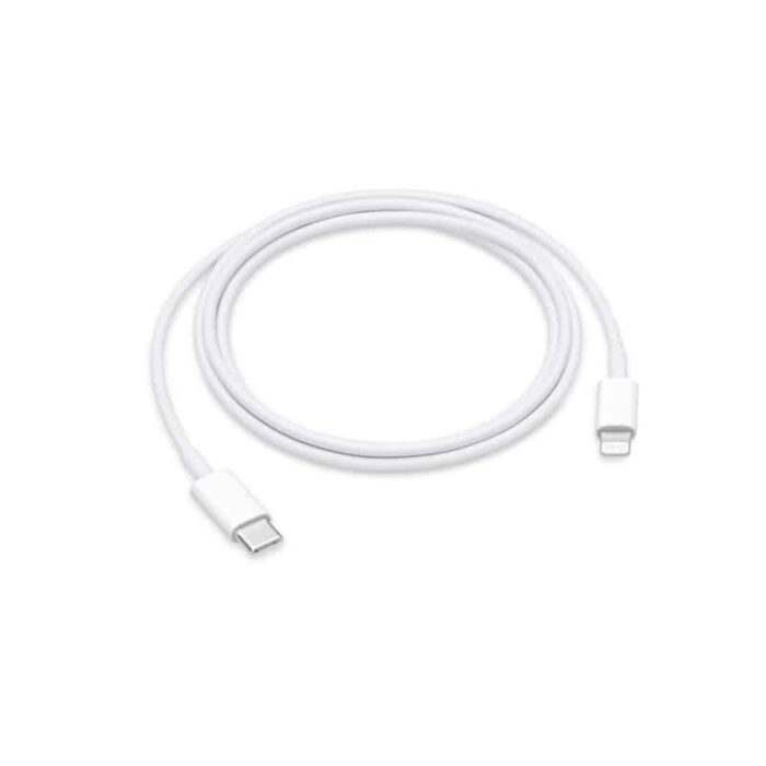 White Lightning to USB-C charging cable coiled on a light background.
