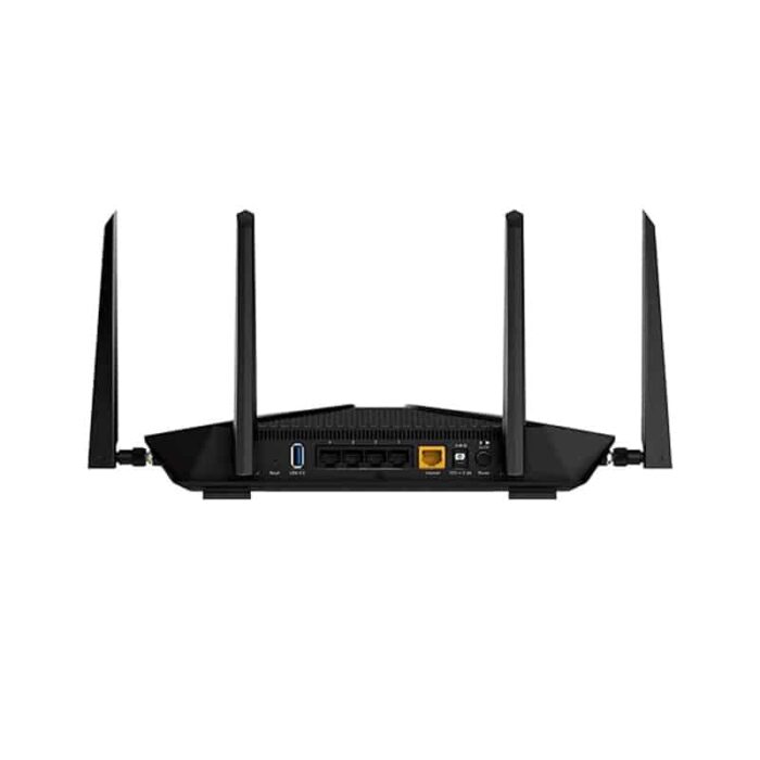 Nighthawk Router 2 Netgear Nighthawk AX5 AX4200 WiFi 6 router with four external antennas.