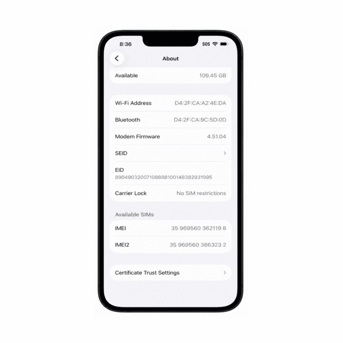 Phone Information Apple iPhone 14 settings screen displaying device information, storage details, IMEI numbers, and carrier unlock status on a clean white background.