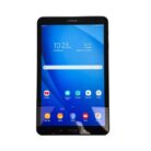 Samsung Galaxy tablet with black bezel and blue home screen display.