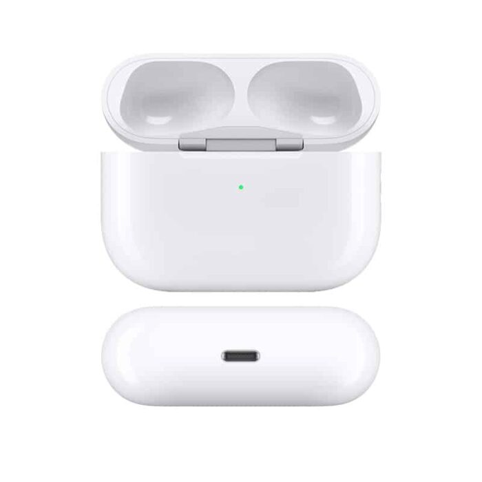 White Apple AirPods Pro (1st Gen) charging case with lid open and Lightning charging port.