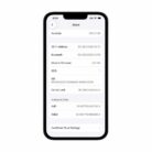 Apple iPhone 14 information screen showing carrier unlocked status, 128GB storage, IMEI details, and no SIM restrictions.