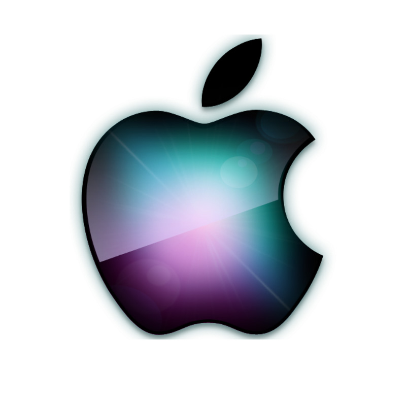 Glossy Apple logo with a vibrant gradient of teal, purple, and pink hues, featuring a glowing light flare at the center.