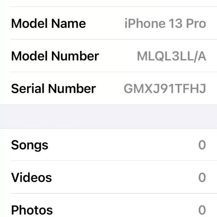 Serial Number iphone 3 Screenshot of an iPhone โAboutโ screen showing iPhone 13 Pro details, iOS version 18.6.2, 128 GB capacity, and serial number information.