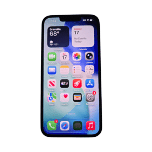 Smartphone with rounded edges displaying a home screen full of app icons and widgets (weather and calendar)