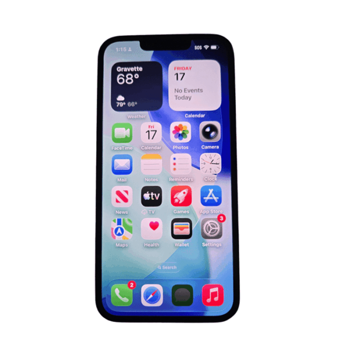 Smartphone with rounded edges displaying a home screen full of app icons and widgets (weather and calendar)