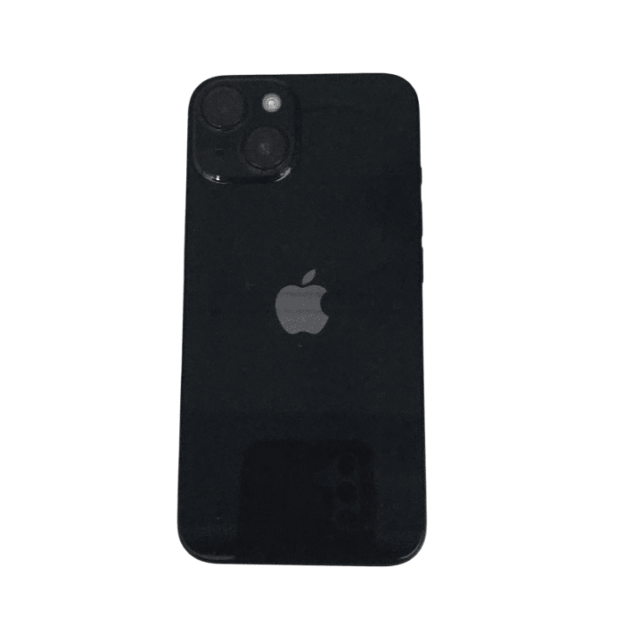 Rear view of a black iPhone with a glossy finish and dual-camera module in the top-left corner