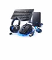 Gaming computer accessories set featuring a keyboard, RGB gaming headset, gaming mouse, USB accessories, and desktop peripherals on a light gray background.