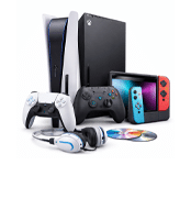 Gaming console bundle featuring a home gaming console, wireless controllers, handheld gaming device, gaming headset, and game discs on a light gray background.