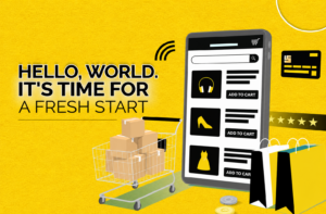 Reboot City promotional banner featuring online shopping graphics, a mobile storefront, shopping cart, and the slogan “Hello, World. It’s Time for a Fresh Start” on a yellow background.
