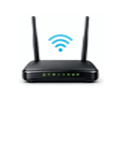 Black wireless Wi-Fi router with dual antennas and LED status indicators, displayed with a wireless signal icon on a light gray background.