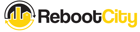 RebootCity logo: yellow circular emblem with a city skyline and arrows, followed by the word RebootCity in black and yellow.