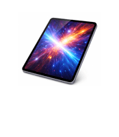 Modern tablet with a vibrant cosmic display and slim metallic frame shown at an angled view on a light gray background.