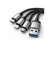 Black multi-connector charging cable featuring USB-A, USB-C, Lightning, and Micro-USB connectors on a light gray background.