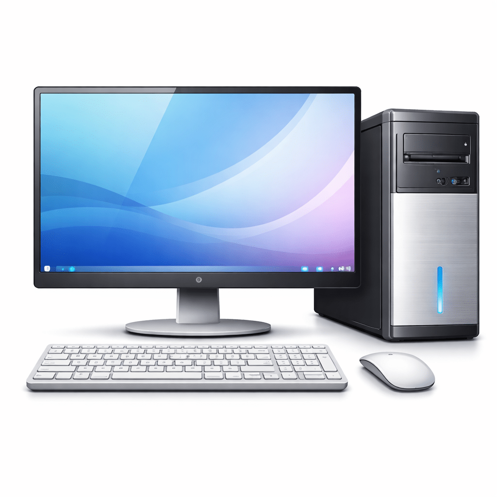 Desktop computer setup with a widescreen monitor, white keyboard, and wireless mouse beside a black-silver tower.