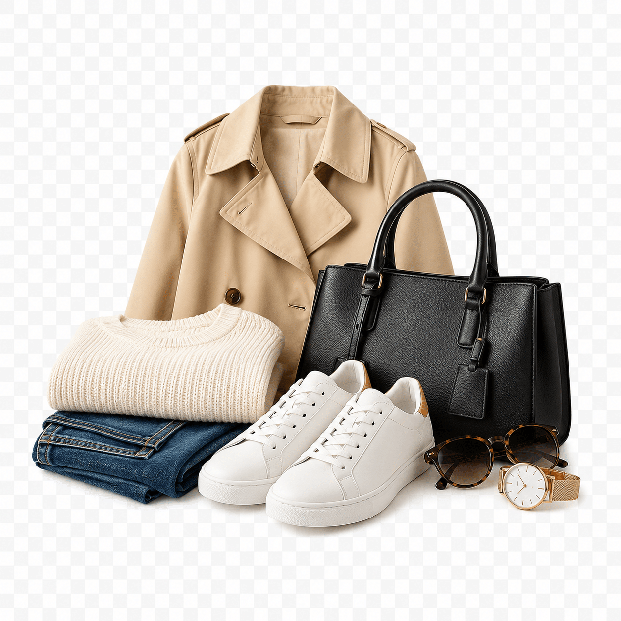 Beige trench coat paired with a cream knit sweater, blue jeans, white sneakers, a black handbag, sunglasses, and a gold watch arranged as a fashion outfit.