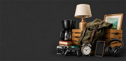 Reboot City Flea Market category banner featuring a curated collection of vintage, household, electronics, gaming, and everyday items on a dark background with open space for promotional text.