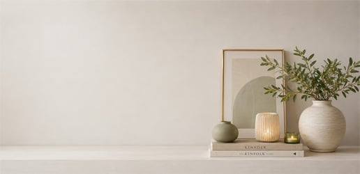 Modern home décor banner featuring decorative ceramic vases, framed wall art, candles, books, and greenery arranged on the right with open space for promotional text.