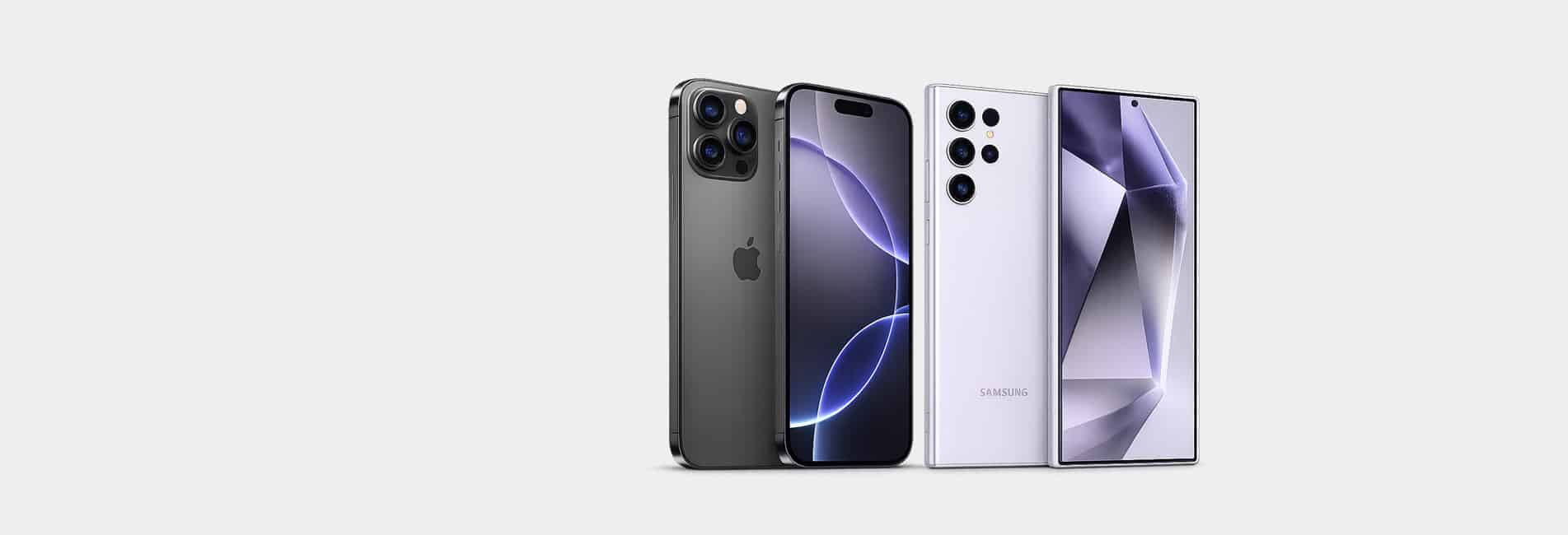 Lineup of four smartphones from Apple and Samsung in gray, blue, white, and lavender finishes, showing back cameras and screens.