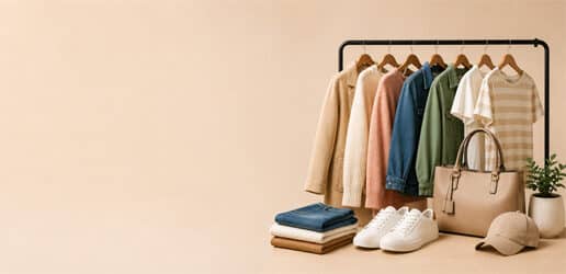 Clothing and apparel banner featuring modern jackets, sweaters, shirts, folded denim, sneakers, a handbag, and accessories on a clean beige background.