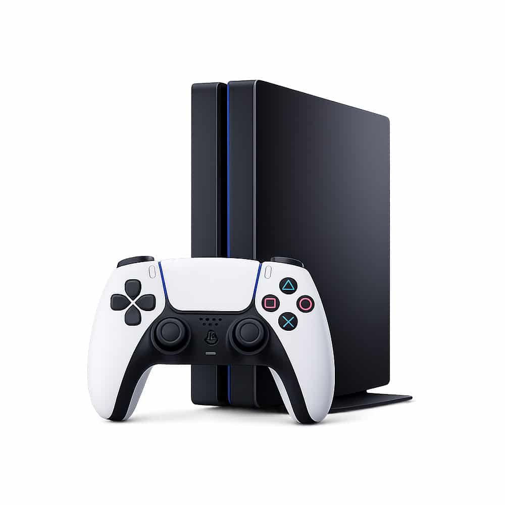 PlayStation 5 console with white and black DualSense controller in front, upright vertical orientation on a white background