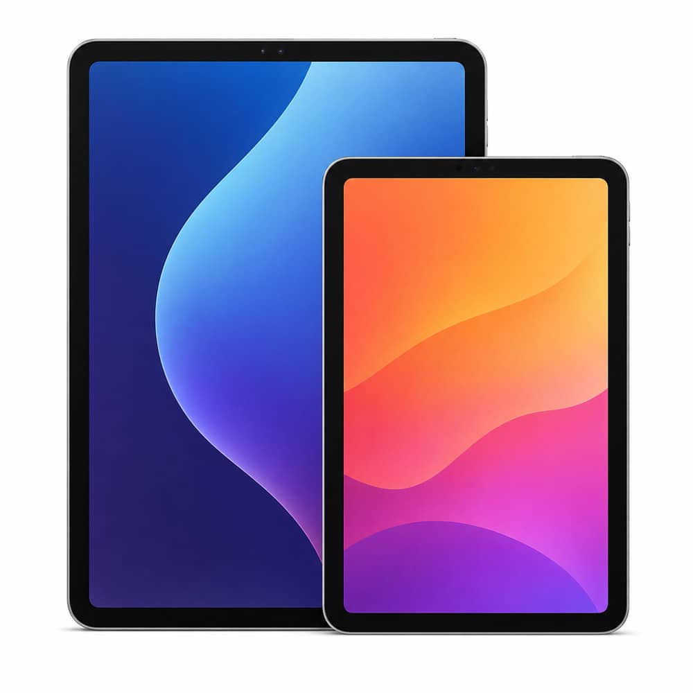 Two tablets overlapping: a larger tablet behind a smaller one with black borders and bright gradient screens.