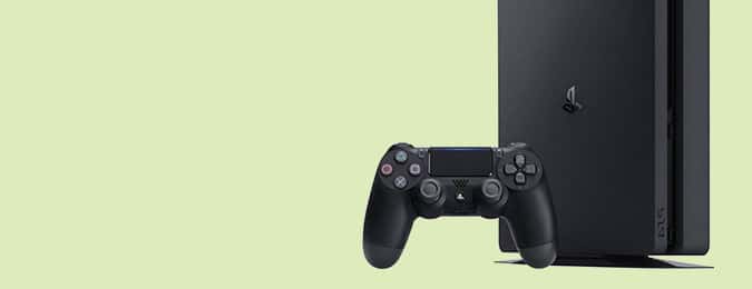 PlayStation 4 console and DualShock 4 controller displayed on a light green background with space for promotional text.