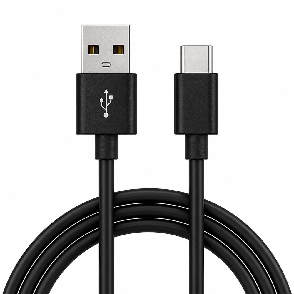 Two-end USB cable: USB-A male on left and USB-C male on right with a black coiled cord below, white background