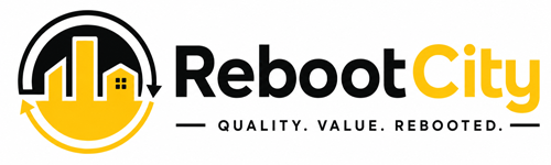 Reboot City logo featuring a stylized city skyline with the tagline "Quality. Value. Rebooted."